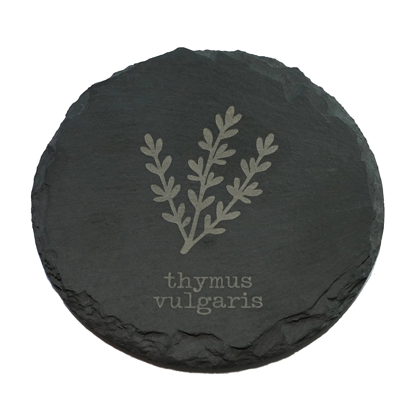 Schiefer-Untersetzer mit Thymian-Motiv, handgefertigt, ideal zum Schutz von Tischen bei Getränken, von bergbueb.ch