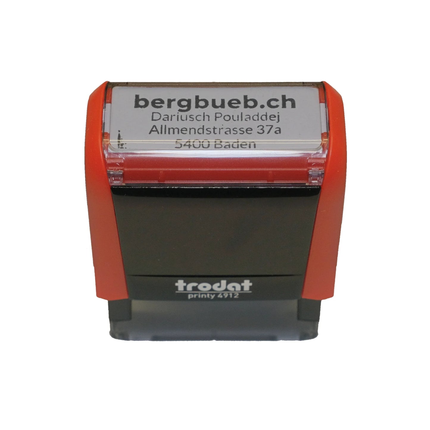 Großer gravierter Trodat-Stempel von bergbueb.ch mit individueller Vorlage, zeigt das Stempelkissen und das Design.