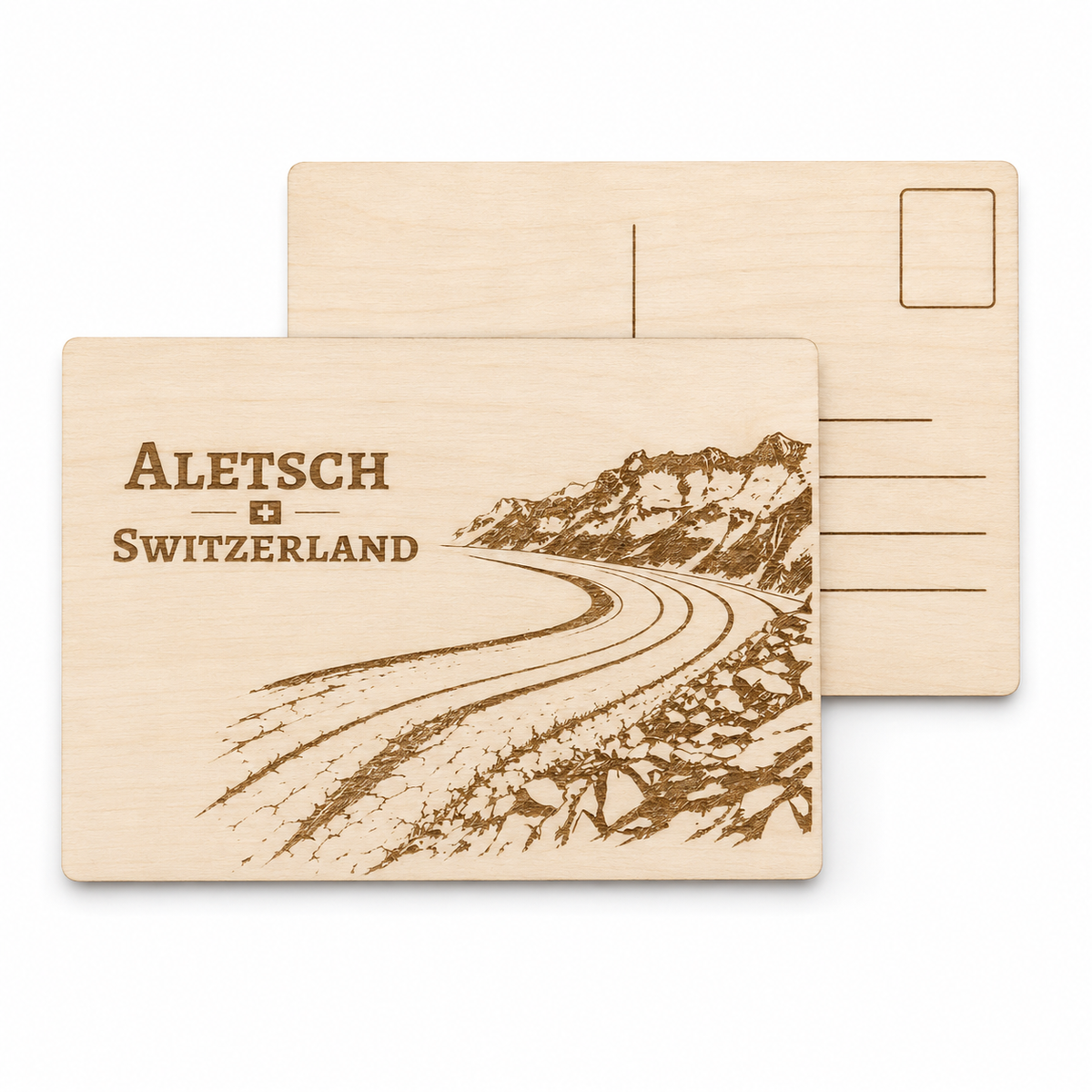 Personalisierbare Holzpostkarte von bergbueb.ch mit individueller Botschaft auf echtem Holz, detailreiche Textur sichtbar