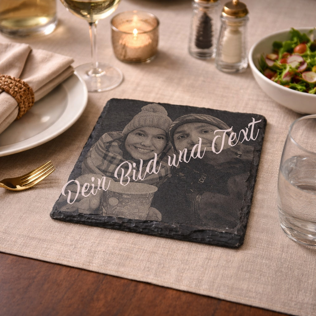 Dessous de verre en ardoise avec photo gravée, fabriqués individuellement selon votre modèle