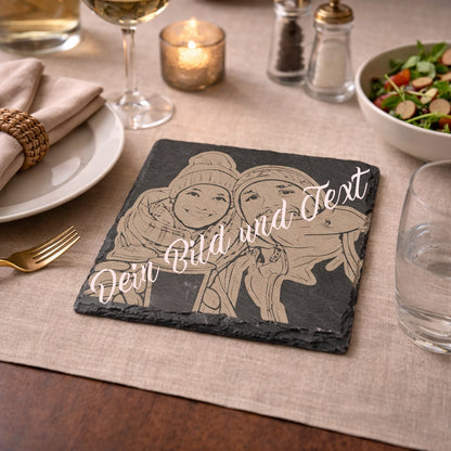 Dessous de verre en ardoise avec photo gravée, fabriqués individuellement selon votre modèle