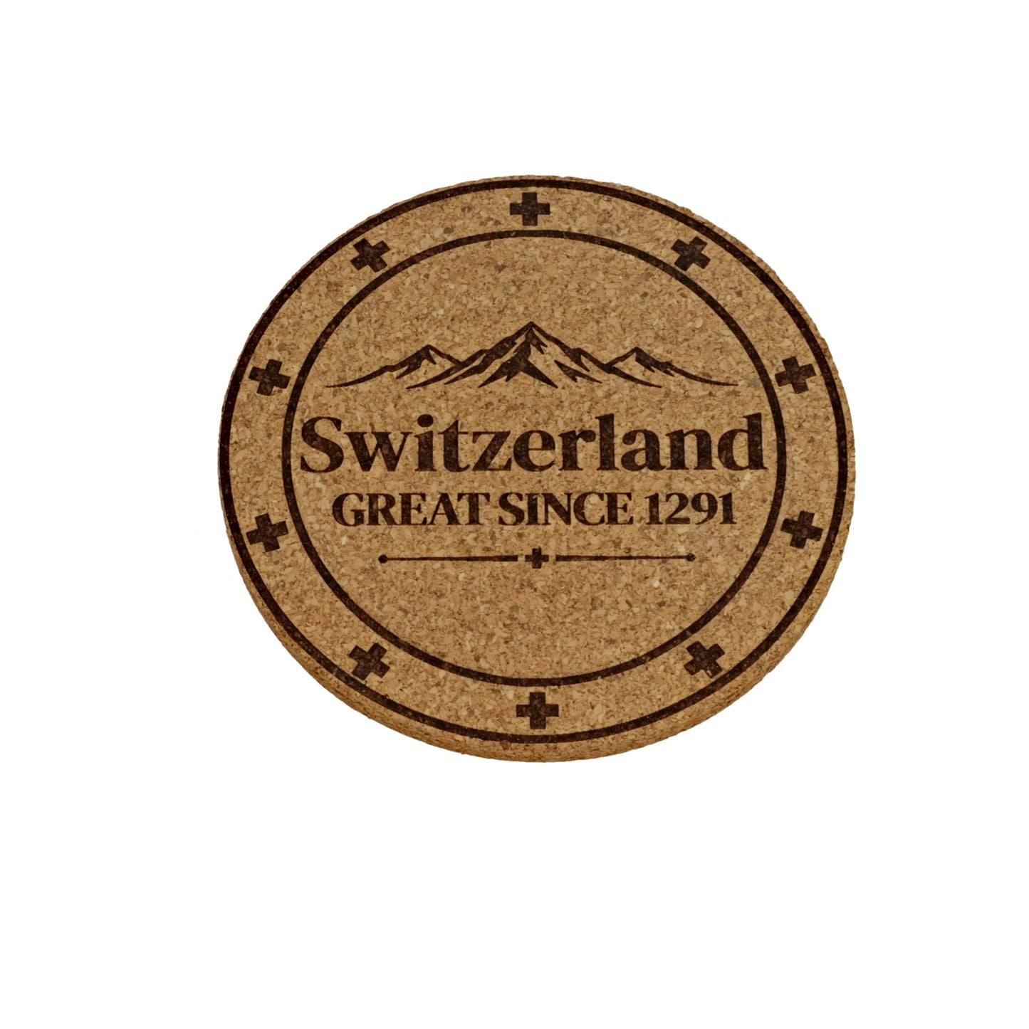 Korkuntersetzer mit der Beschriftung "Switzerland great since 1291"