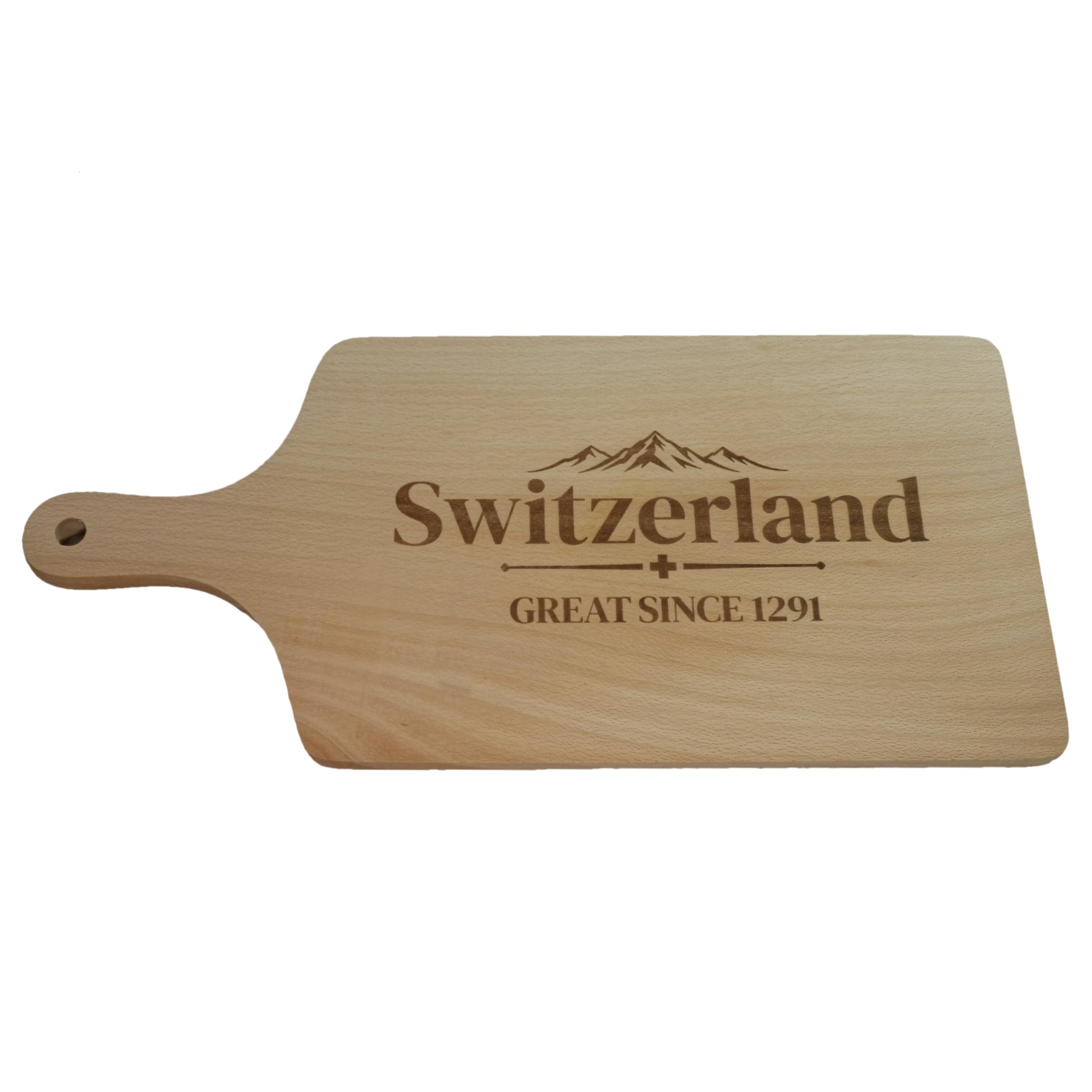Schneidebrett aus Buchenholt mit der Beschriftung "Switzerland great since 1291"