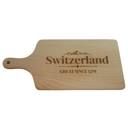 Schneidebrett aus Buchenholt mit der Beschriftung "Switzerland great since 1291"